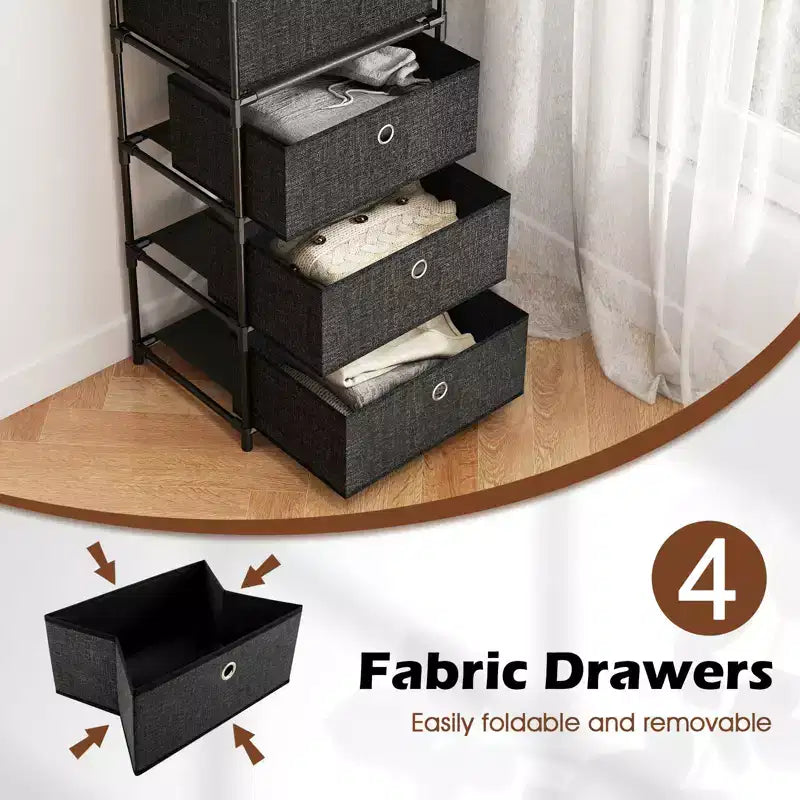 Commode à 4 tiroirs avec étagère et bacs en tissu, tour de rangement industrielle