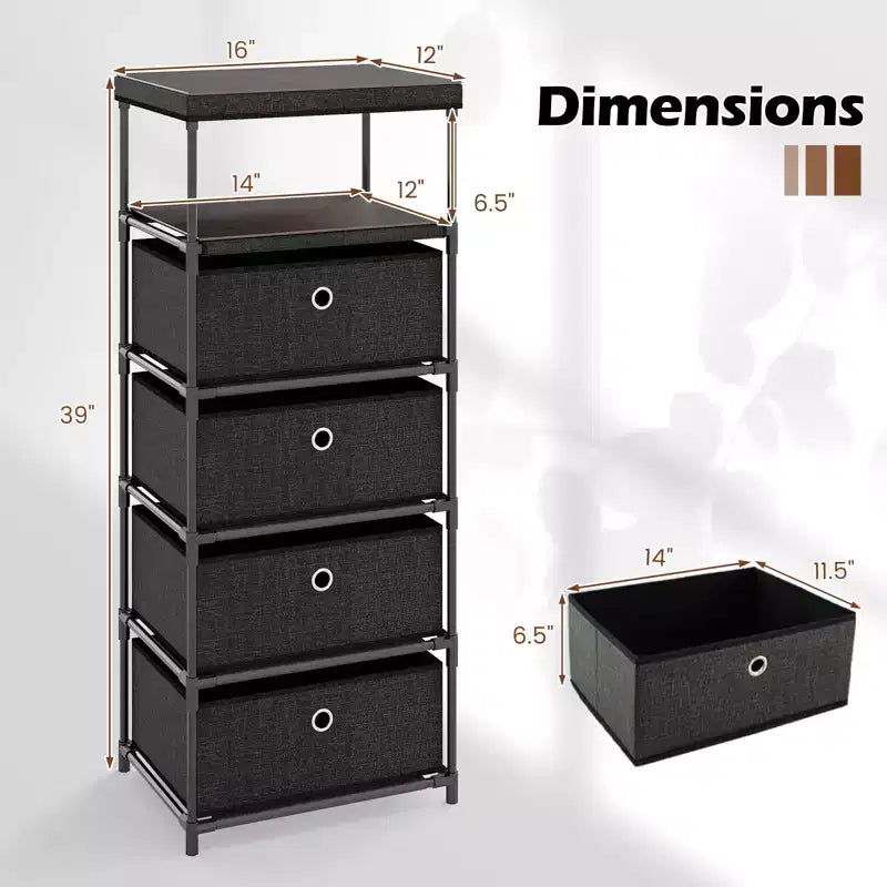 Commode à 4 tiroirs avec étagère et bacs en tissu, tour de rangement industrielle