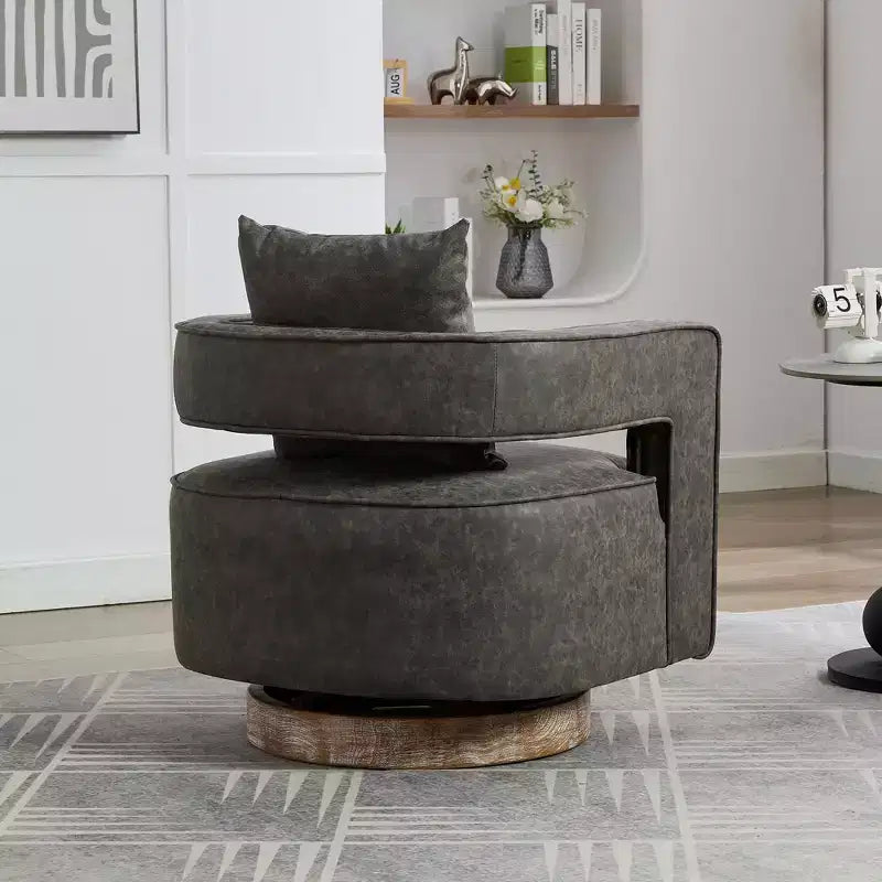 Fauteuil pivotant 29,1W, fauteuil de salon rembourré avec base en bois d'hévéa patiné, fauteuil club en similicuir pour salon, bureau