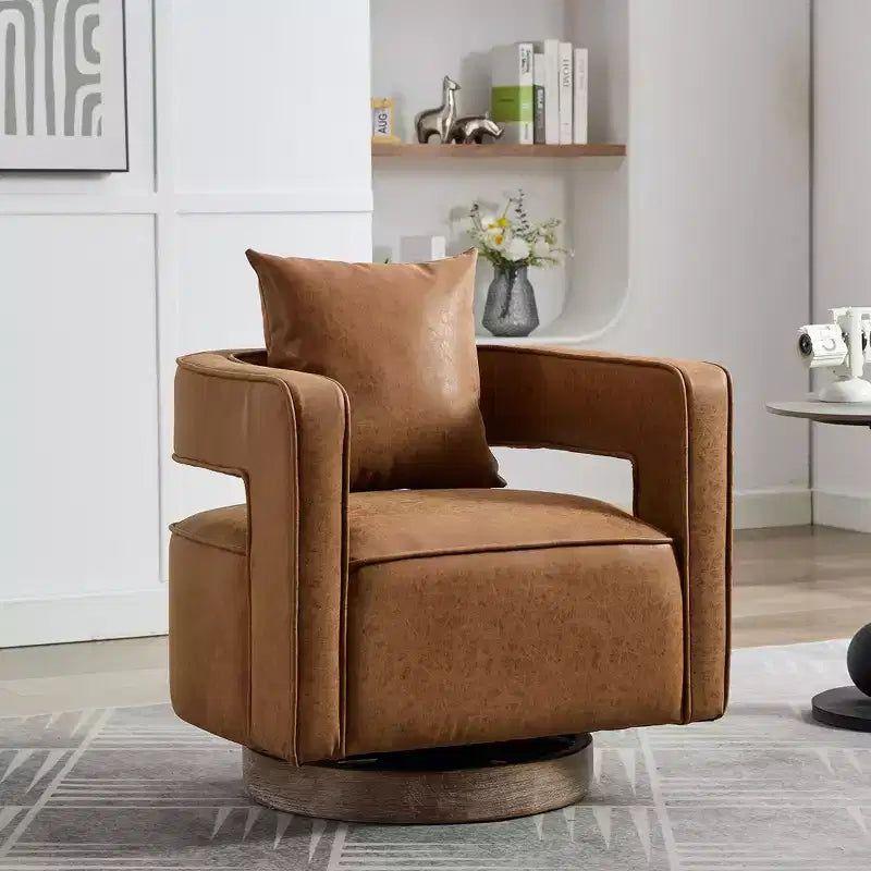 Fauteuil pivotant 29,1W, fauteuil de salon rembourré avec base en bois d'hévéa patiné, fauteuil club en similicuir pour salon, bureau