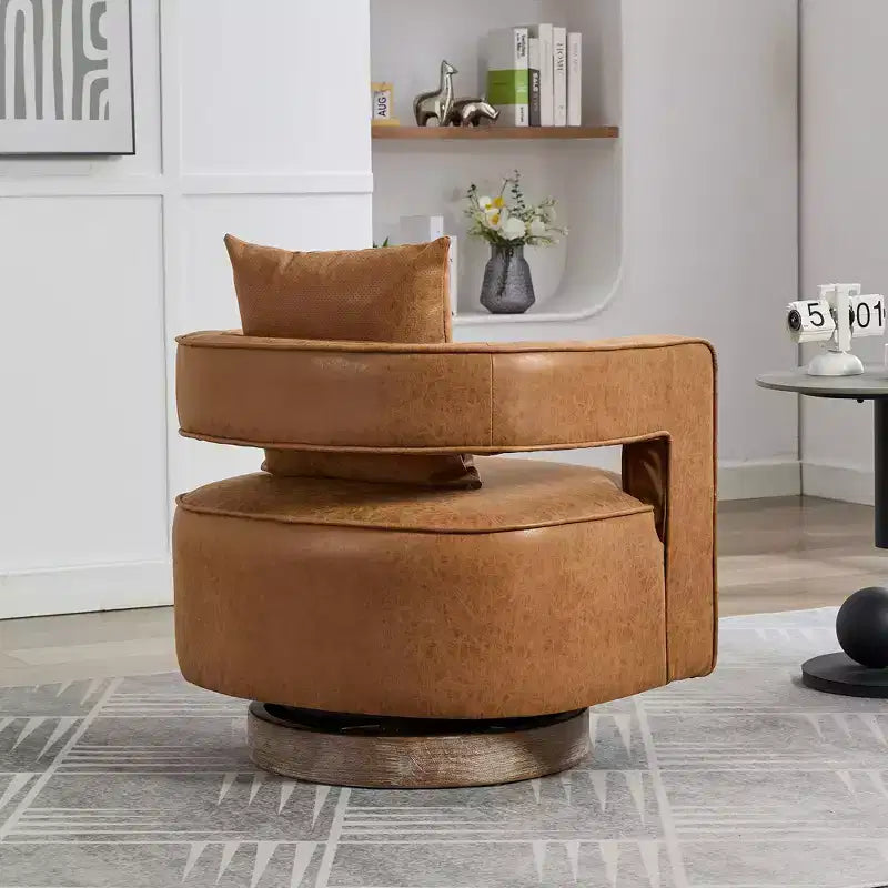 Fauteuil pivotant 29,1W, fauteuil de salon rembourré avec base en bois d'hévéa patiné, fauteuil club en similicuir pour salon, bureau