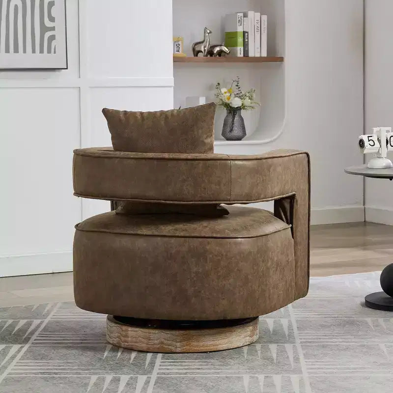 Fauteuil pivotant 29,1W, fauteuil de salon rembourré avec base en bois d'hévéa patiné, fauteuil club en similicuir pour salon, bureau