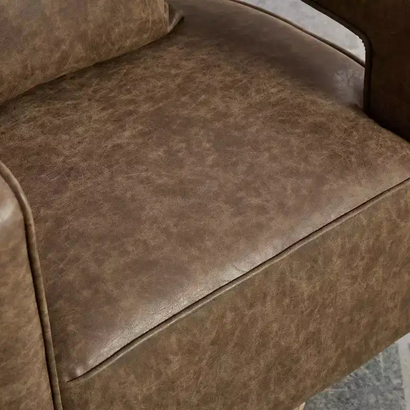 Fauteuil pivotant 29,1W, fauteuil de salon rembourré avec base en bois d'hévéa patiné, fauteuil club en similicuir pour salon, bureau