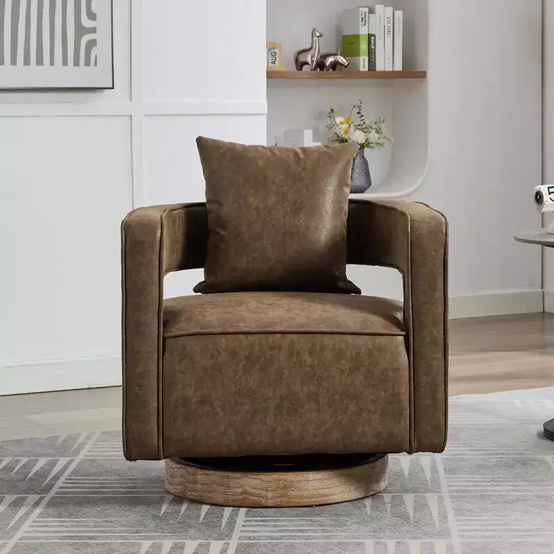 Fauteuil pivotant 29,1W, fauteuil de salon rembourré avec base en bois d'hévéa patiné, fauteuil club en similicuir pour salon, bureau