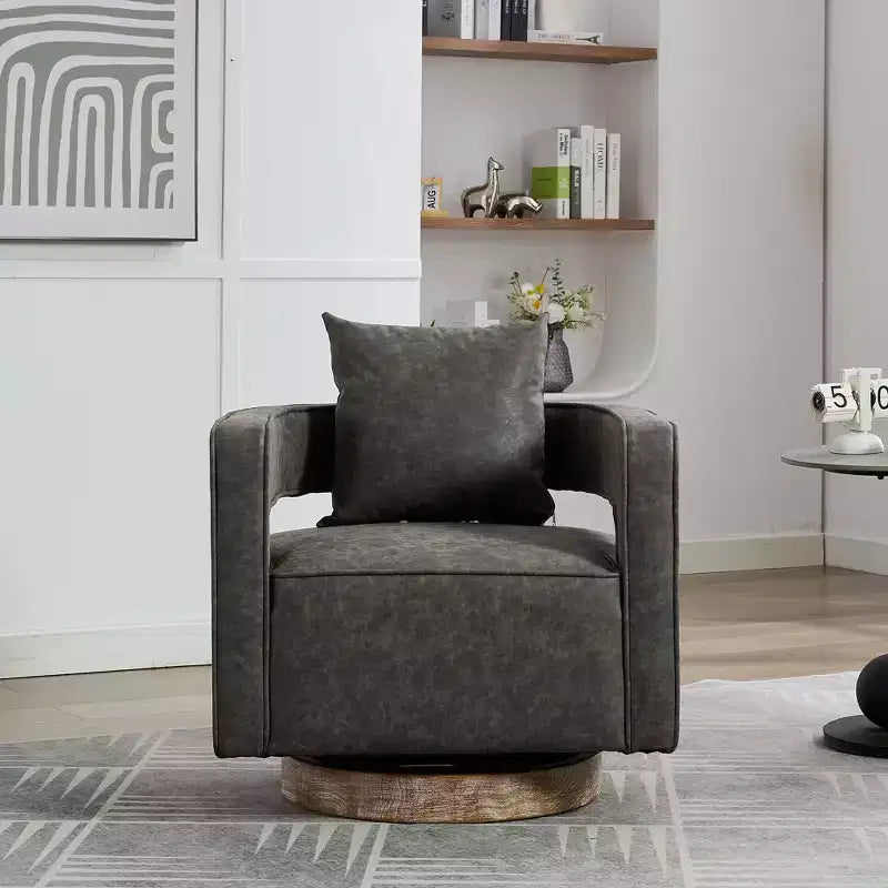 Fauteuil pivotant 29,1W, fauteuil de salon rembourré avec base en bois d'hévéa patiné, fauteuil club en similicuir pour salon, bureau