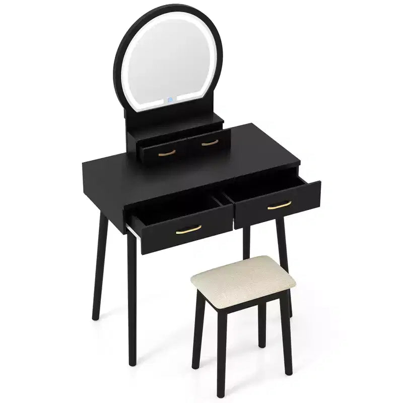 Petite coiffeuse avec miroir et lumières, tabouret rembourré, 3 couleurs d'éclairage réglables