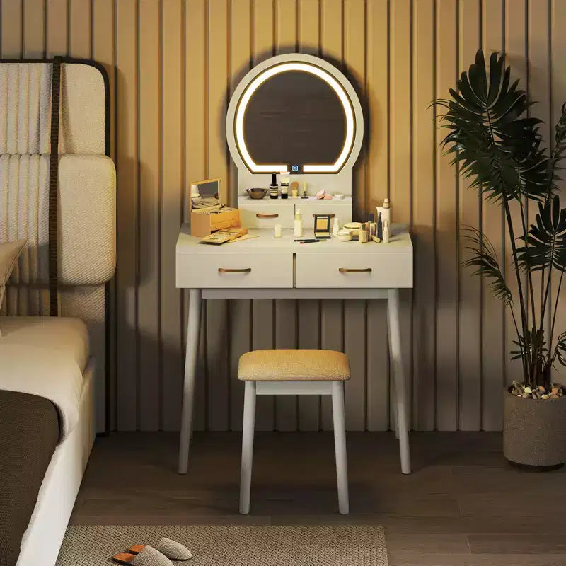 Petite coiffeuse avec miroir et lumières, tabouret rembourré, 3 couleurs d'éclairage réglables