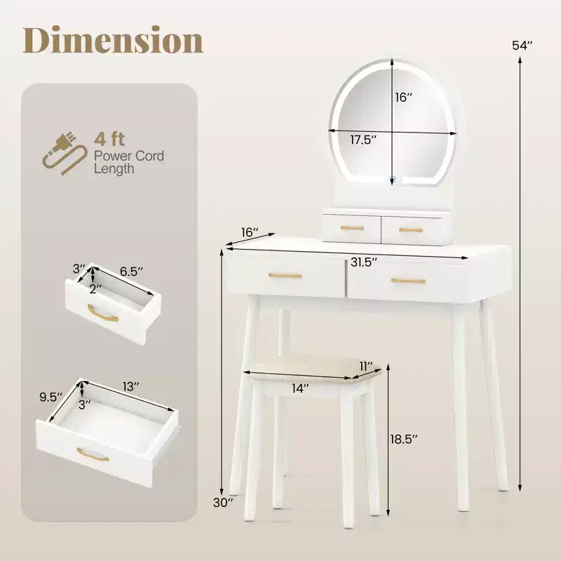 Petite coiffeuse avec miroir et lumières, tabouret rembourré, 3 couleurs d'éclairage réglables