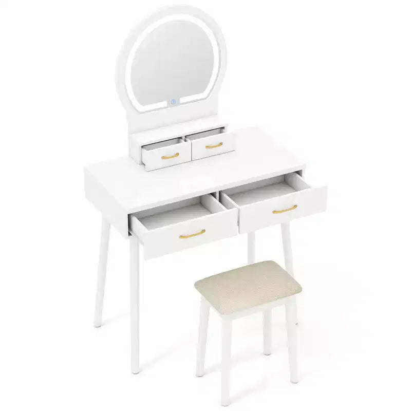Petite coiffeuse avec miroir et lumières, tabouret rembourré, 3 couleurs d'éclairage réglables