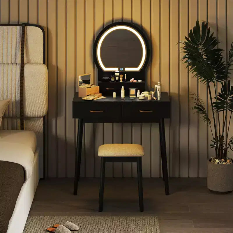 Petite coiffeuse avec miroir et lumières, tabouret rembourré, 3 couleurs d'éclairage réglables