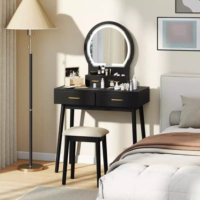Petite coiffeuse avec miroir et lumières, tabouret rembourré, 3 couleurs d'éclairage réglables