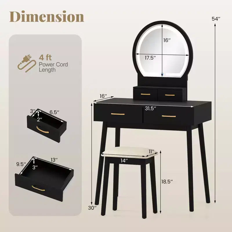 Petite coiffeuse avec miroir et lumières, tabouret rembourré, 3 couleurs d'éclairage réglables