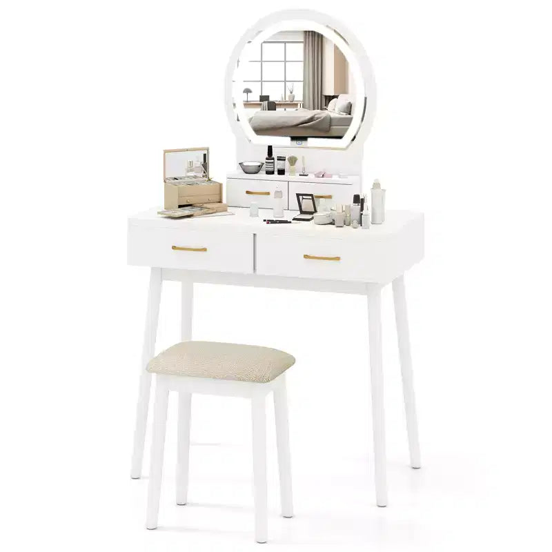 Petite coiffeuse avec miroir et lumières, tabouret rembourré, 3 couleurs d'éclairage réglables