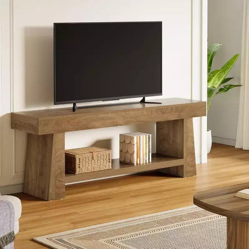 Meuble TV de 160 cm pour téléviseurs de 55/60/65/70 pouces, meuble de divertissement à 2 niveaux en bois, table console multimédia pour salon, chambre à coucher