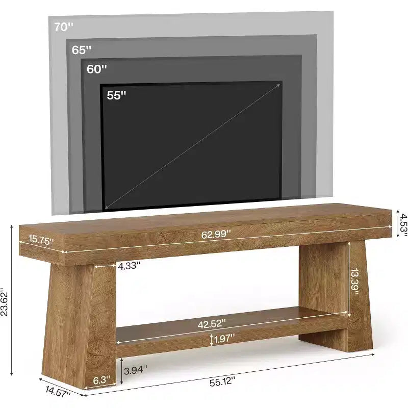 Meuble TV de 160 cm pour téléviseurs de 55/60/65/70 pouces, meuble de divertissement à 2 niveaux en bois, table console multimédia pour salon, chambre à coucher