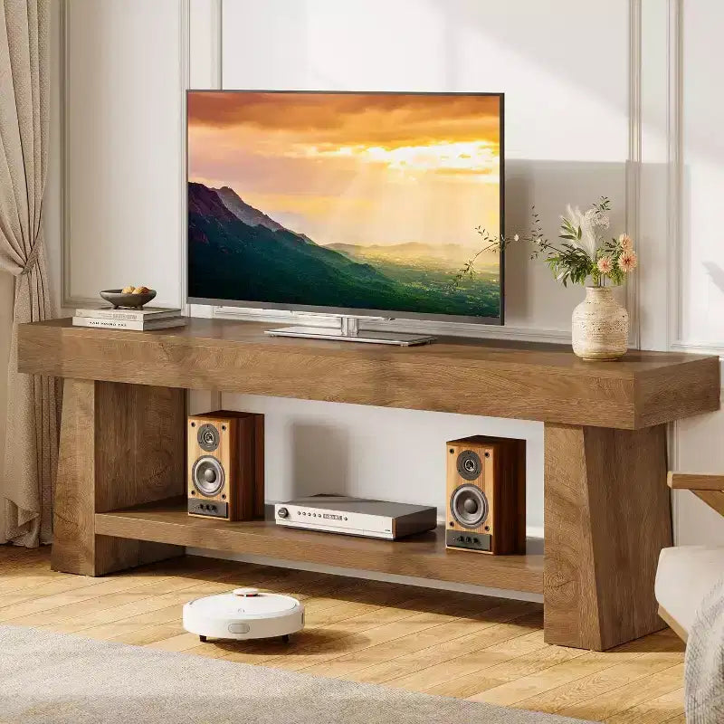 Meuble TV de 160 cm pour téléviseurs de 55/60/65/70 pouces, meuble de divertissement à 2 niveaux en bois, table console multimédia pour salon, chambre à coucher