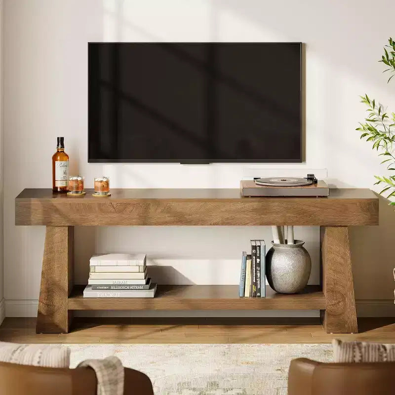 Meuble TV de 160 cm pour téléviseurs de 55/60/65/70 pouces, meuble de divertissement à 2 niveaux en bois, table console multimédia pour salon, chambre à coucher