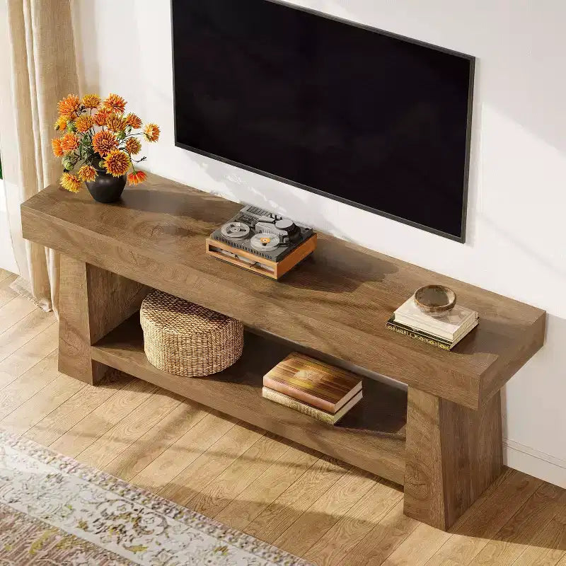 Meuble TV de 160 cm pour téléviseurs de 55/60/65/70 pouces, meuble de divertissement à 2 niveaux en bois, table console multimédia pour salon, chambre à coucher
