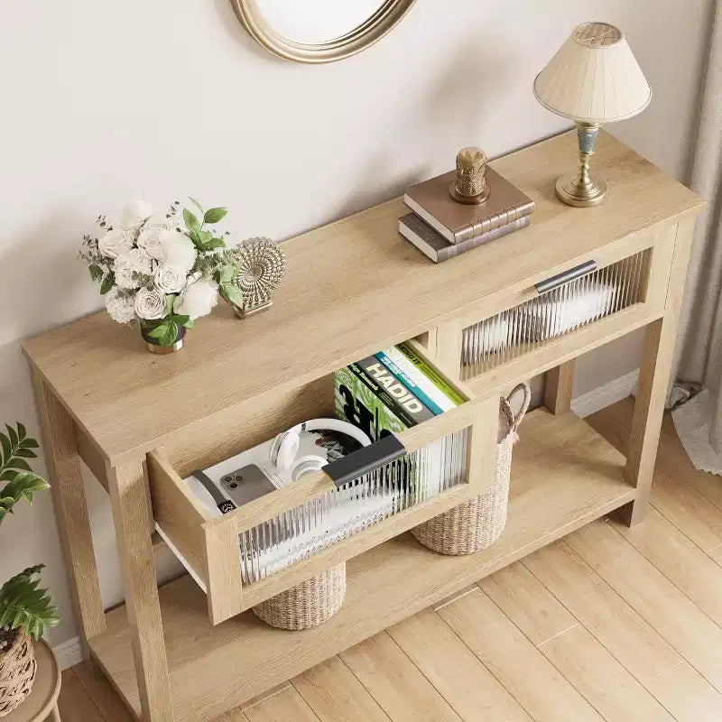 Console étroite à 2 niveaux avec 2 tiroirs en verre, table de canapé et d'entrée moderne pour salon, couloir, naturel