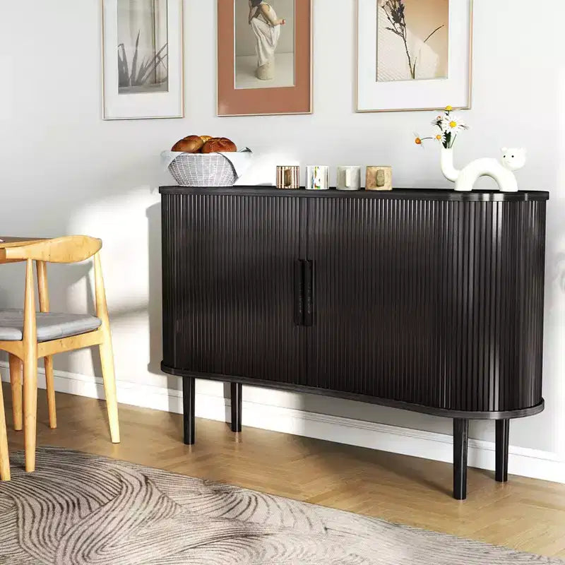 Buffet de rangement long de 1,4 m, en MDF incurvé, moderne, avec portes, pour cuisine, salon, chambre, noir