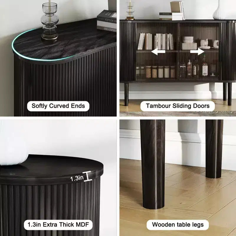 Buffet de rangement long de 1,4 m, en MDF incurvé, moderne, avec portes, pour cuisine, salon, chambre, noir