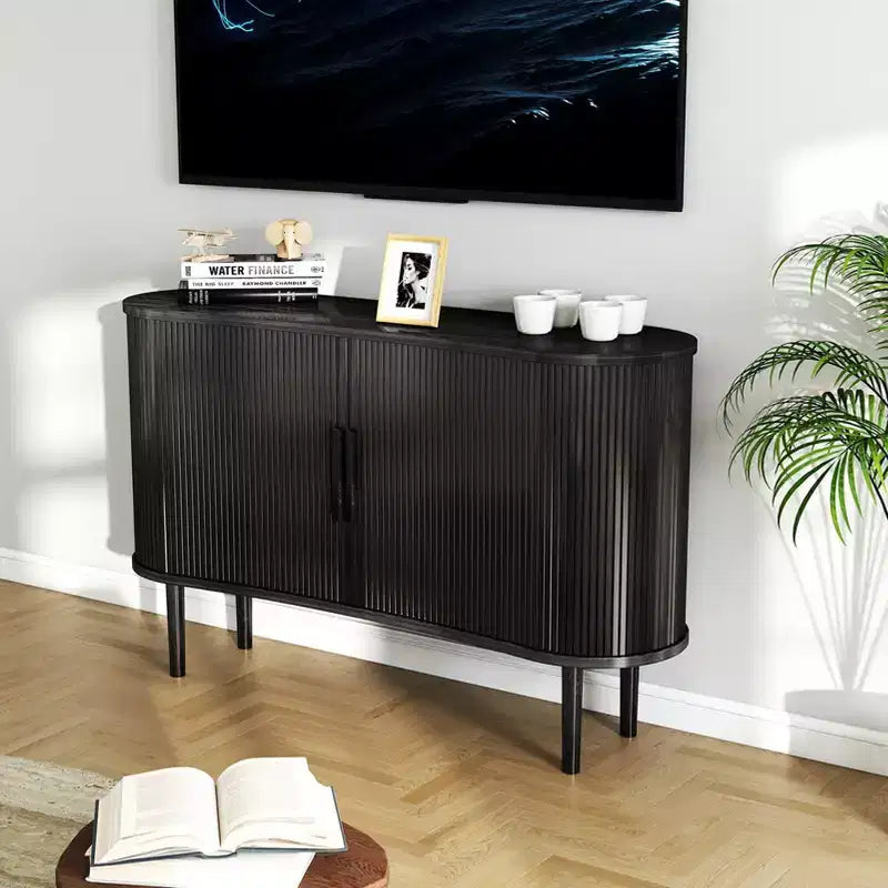 Buffet de rangement long de 1,4 m, en MDF incurvé, moderne, avec portes, pour cuisine, salon, chambre, noir