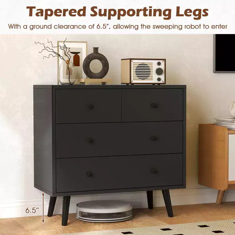 Commode à 4 tiroirs pour chambre à coucher, large commode avec glissières métalliques, teck et noir/noyer/naturel