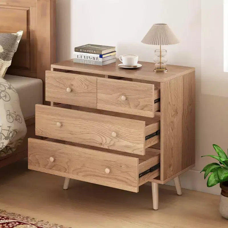 Commode à 4 tiroirs pour chambre à coucher, large commode avec glissières métalliques, teck et noir/noyer/naturel