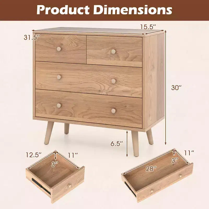 Commode à 4 tiroirs pour chambre à coucher, large commode avec glissières métalliques, teck et noir/noyer/naturel