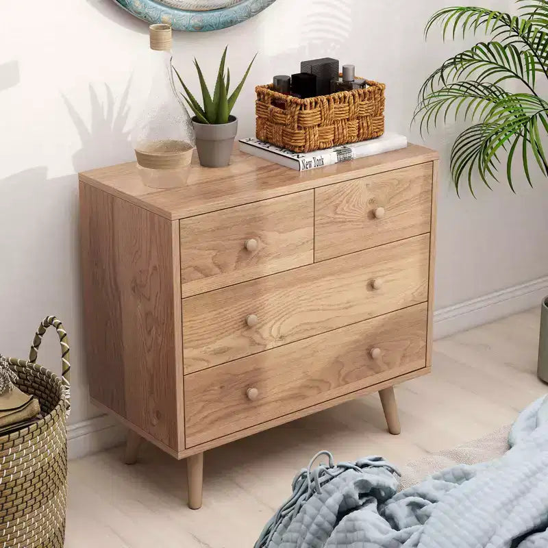 Commode à 4 tiroirs pour chambre à coucher, large commode avec glissières métalliques, teck et noir/noyer/naturel