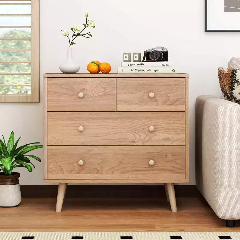 Commode à 4 tiroirs pour chambre à coucher, large commode avec glissières métalliques, teck et noir/noyer/naturel