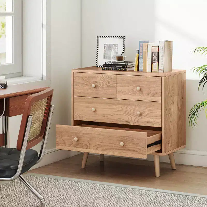 Commode à 4 tiroirs pour chambre à coucher, large commode avec glissières métalliques, teck et noir/noyer/naturel