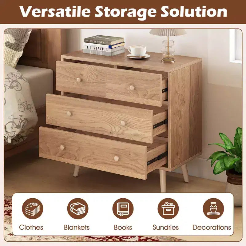 Commode à 4 tiroirs pour chambre à coucher, large commode avec glissières métalliques, teck et noir/noyer/naturel