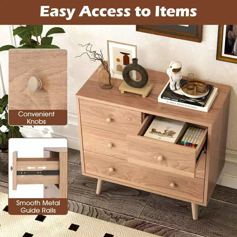 Commode à 4 tiroirs pour chambre à coucher, large commode avec glissières métalliques, teck et noir/noyer/naturel