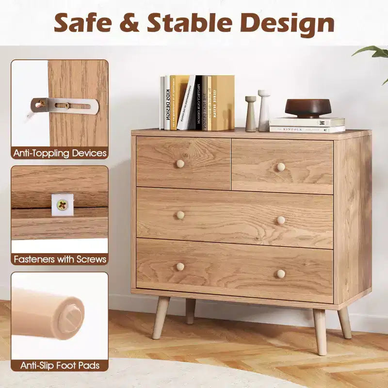 Commode à 4 tiroirs pour chambre à coucher, large commode avec glissières métalliques, teck et noir/noyer/naturel