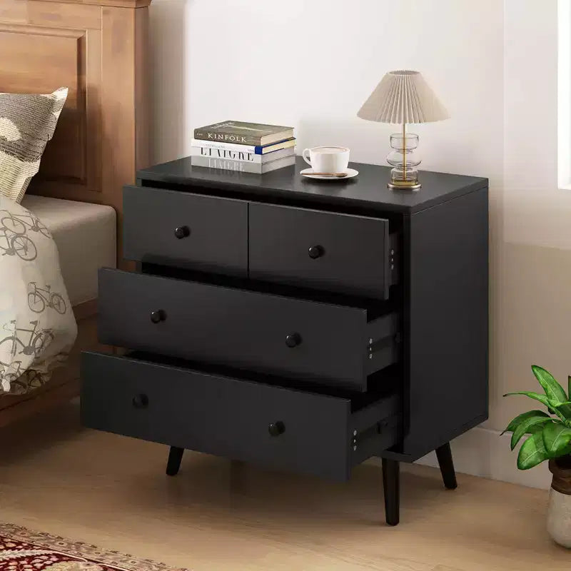 Commode à 4 tiroirs pour chambre à coucher, large commode avec glissières métalliques, teck et noir/noyer/naturel