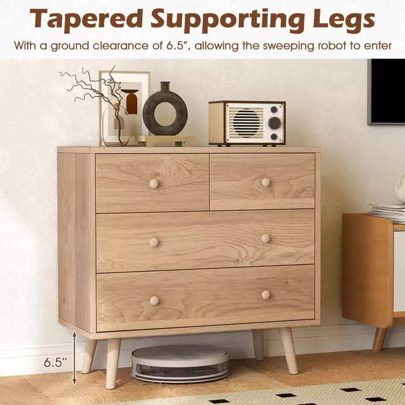 Commode à 4 tiroirs pour chambre à coucher, large commode avec glissières métalliques, teck et noir/noyer/naturel