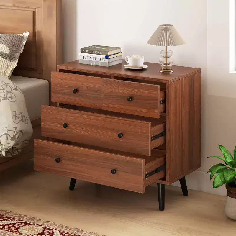Commode à 4 tiroirs pour chambre à coucher, large commode avec glissières métalliques, teck et noir/noyer/naturel