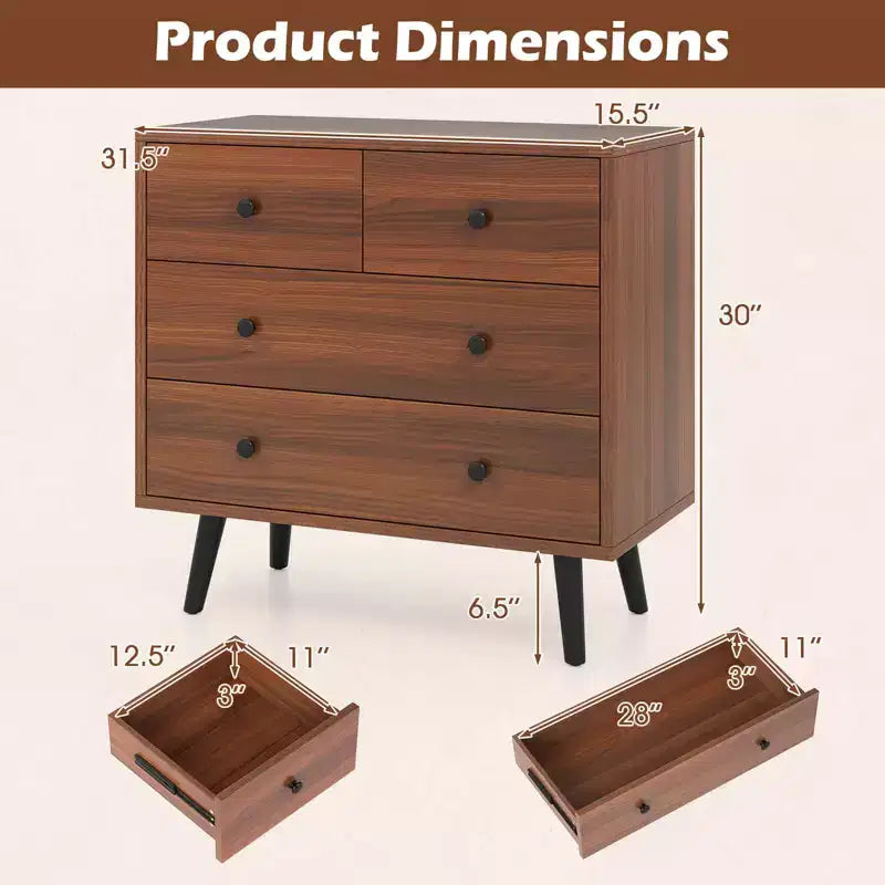 Commode à 4 tiroirs pour chambre à coucher, large commode avec glissières métalliques, teck et noir/noyer/naturel
