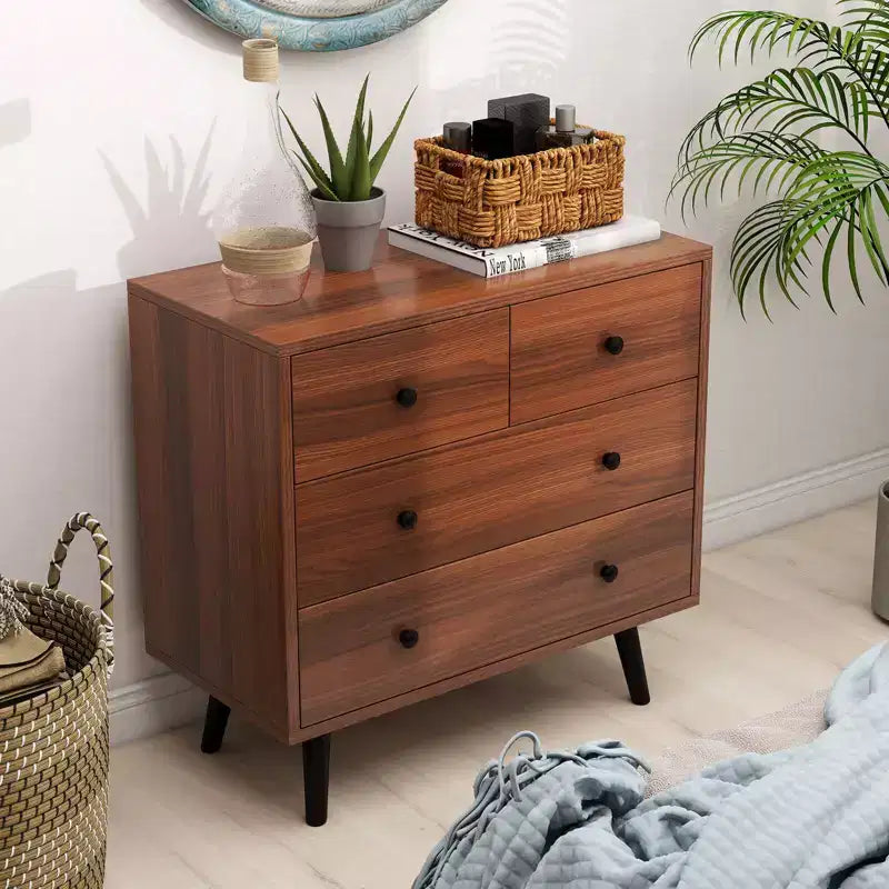 Commode à 4 tiroirs pour chambre à coucher, large commode avec glissières métalliques, teck et noir/noyer/naturel
