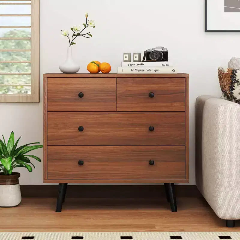 Commode à 4 tiroirs pour chambre à coucher, large commode avec glissières métalliques, teck et noir/noyer/naturel
