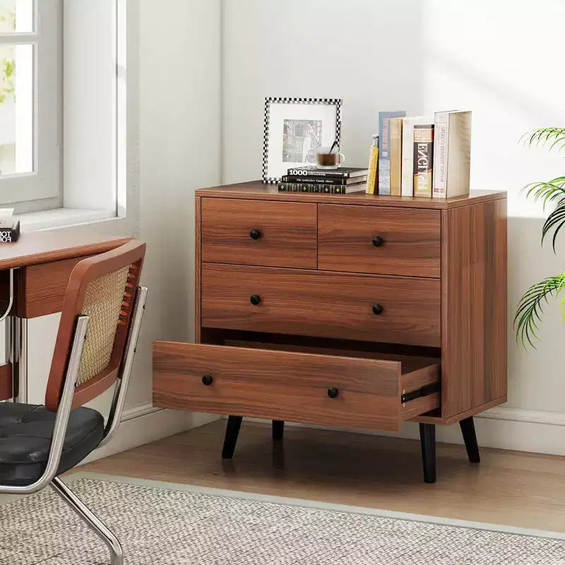 Commode à 4 tiroirs pour chambre à coucher, large commode avec glissières métalliques, teck et noir/noyer/naturel