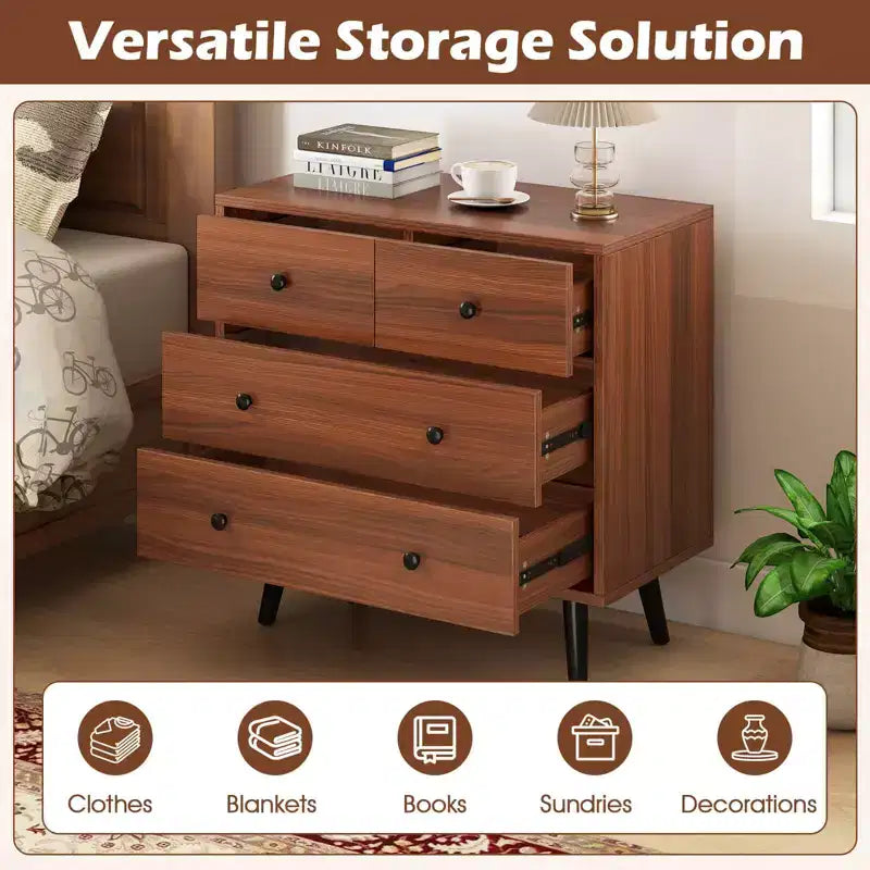 Commode à 4 tiroirs pour chambre à coucher, large commode avec glissières métalliques, teck et noir/noyer/naturel
