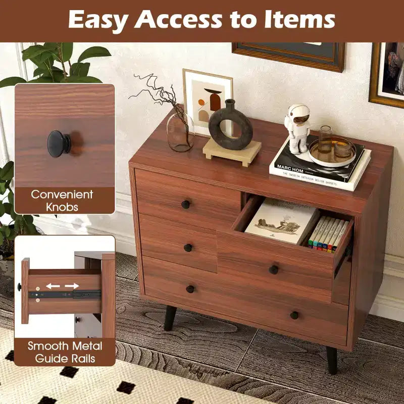 Commode à 4 tiroirs pour chambre à coucher, large commode avec glissières métalliques, teck et noir/noyer/naturel