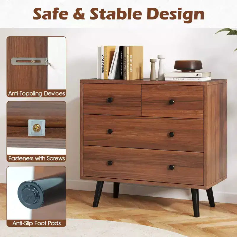 Commode à 4 tiroirs pour chambre à coucher, large commode avec glissières métalliques, teck et noir/noyer/naturel
