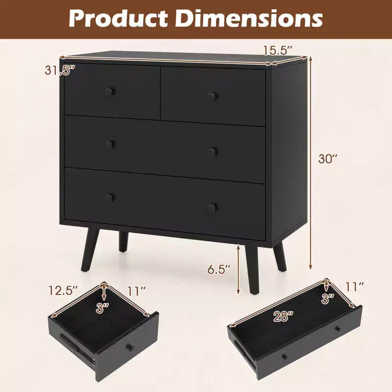 Commode à 4 tiroirs pour chambre à coucher, large commode avec glissières métalliques, teck et noir/noyer/naturel