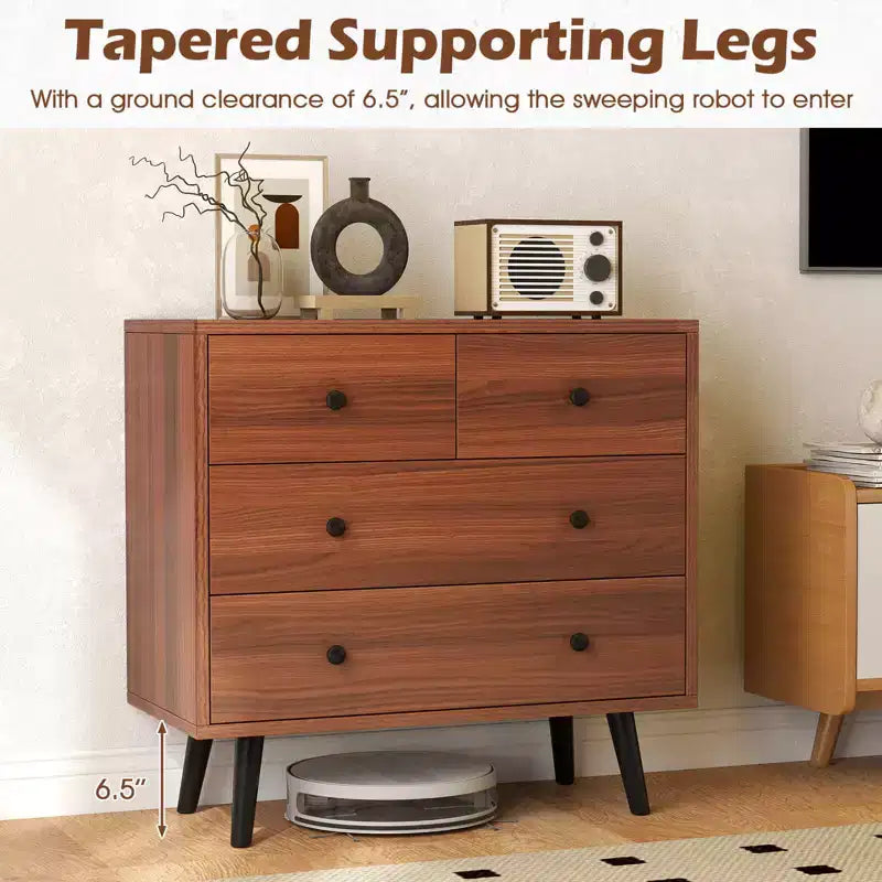 Commode à 4 tiroirs pour chambre à coucher, large commode avec glissières métalliques, teck et noir/noyer/naturel