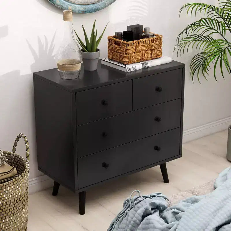 Commode à 4 tiroirs pour chambre à coucher, large commode avec glissières métalliques, teck et noir/noyer/naturel