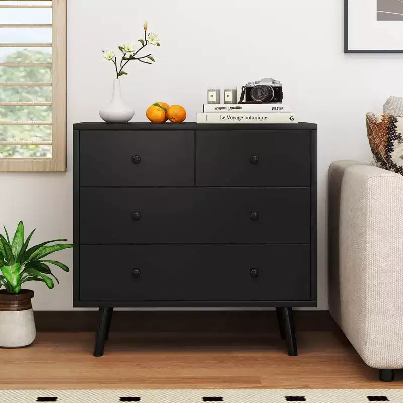 Commode à 4 tiroirs pour chambre à coucher, large commode avec glissières métalliques, teck et noir/noyer/naturel