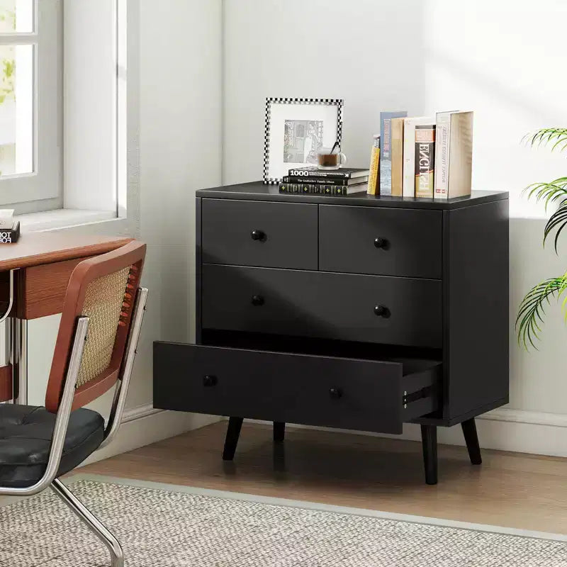 Commode à 4 tiroirs pour chambre à coucher, large commode avec glissières métalliques, teck et noir/noyer/naturel